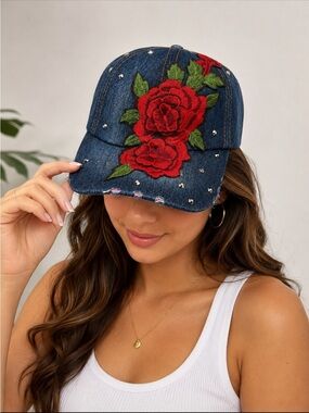 721. Denim Cap with Red Floral Detail